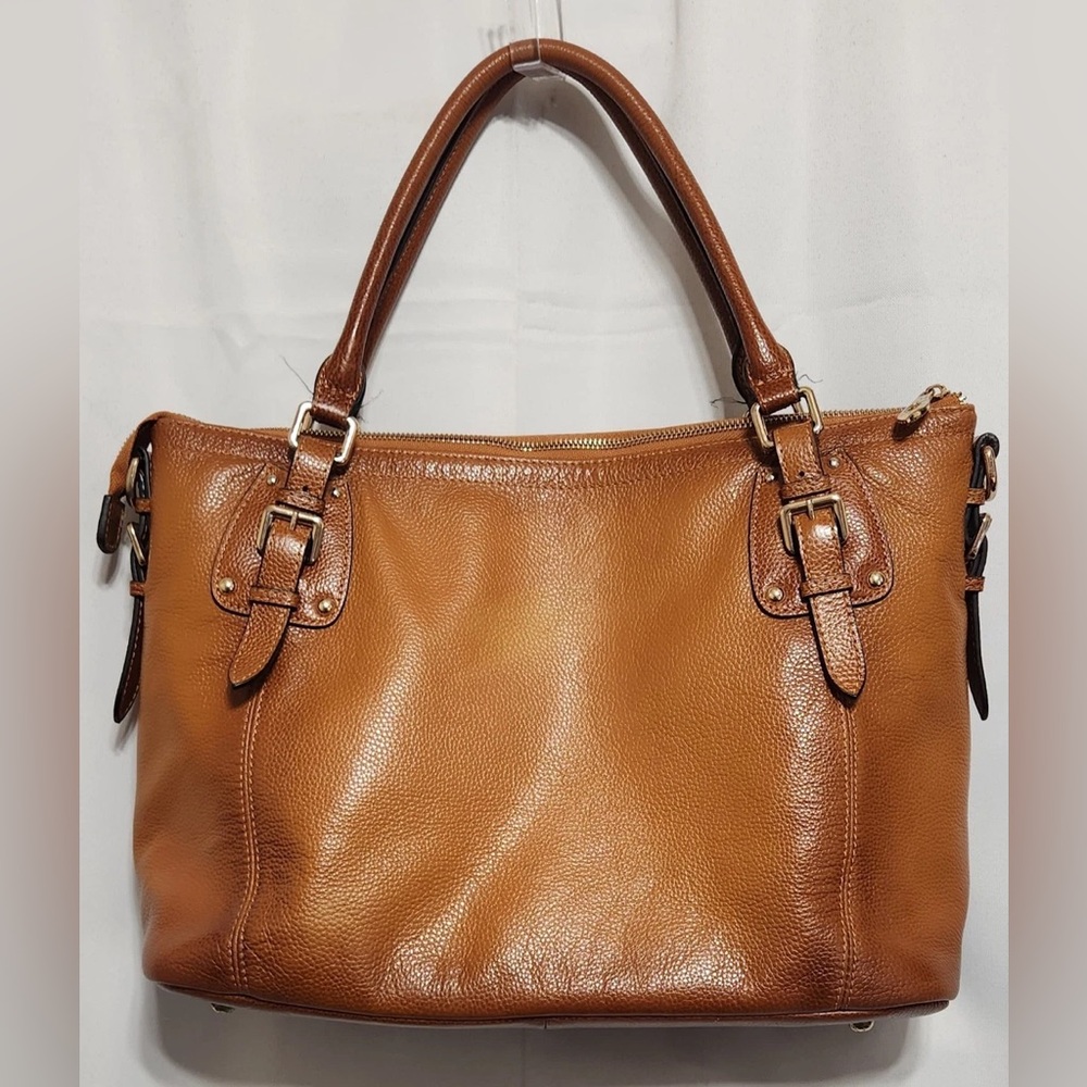 Kattee pebbled brown leather shoulder bag distinctive buckle strap&gold hardware